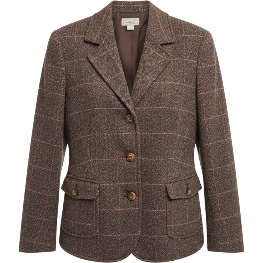 LL Bean Wool Silk Blend Herringbone Plaid Blazer Jacket Brown Pink XL Regular